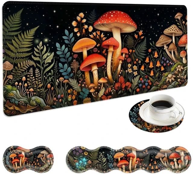 Main image of KJFHDJFDH Large Mouse Pad and Keyboard Wrist Rest, Desk Pad for Keyboard and Mouse, 4-in-1 Large Gaming Mouse Pad with Wrist Support, Desk Mat for Office & Home-Mushrooms Forest