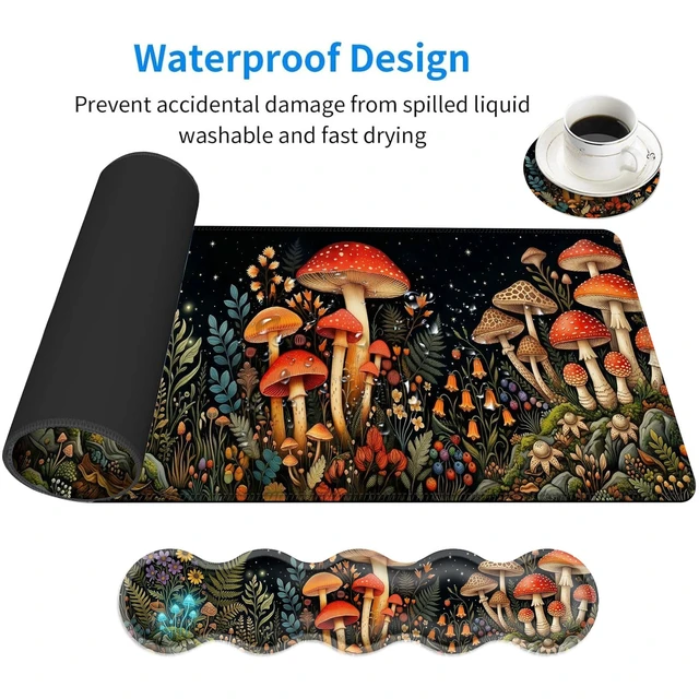 Alt view image 2 of 7 - KJFHDJFDH Large Mouse Pad and Keyboard Wrist Rest, Desk Pad for Keyboard and Mouse, 4-in-1 Large Gaming Mouse Pad with Wrist Support, Desk Mat for Office & Home-Mushrooms Forest