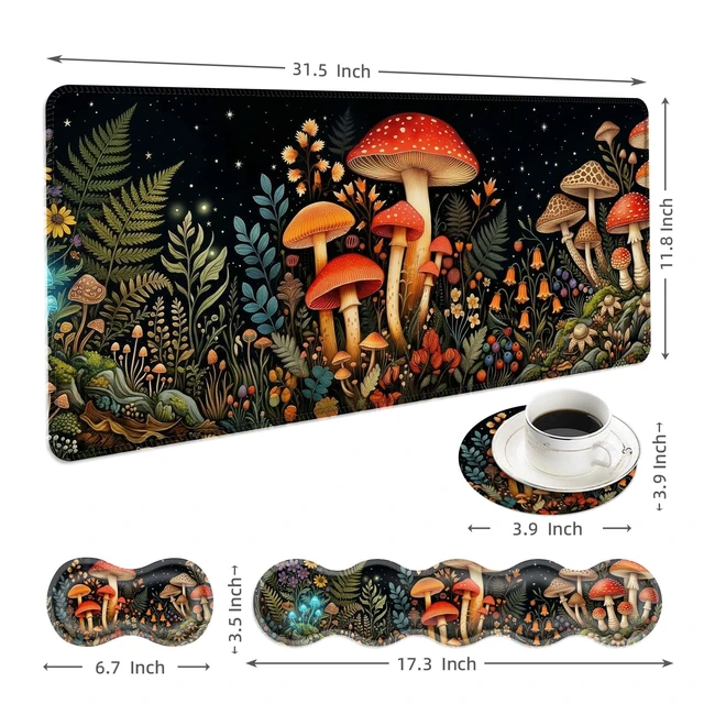 Alt view image 6 of 7 - KJFHDJFDH Large Mouse Pad and Keyboard Wrist Rest, Desk Pad for Keyboard and Mouse, 4-in-1 Large Gaming Mouse Pad with Wrist Support, Desk Mat for Office & Home-Mushrooms Forest