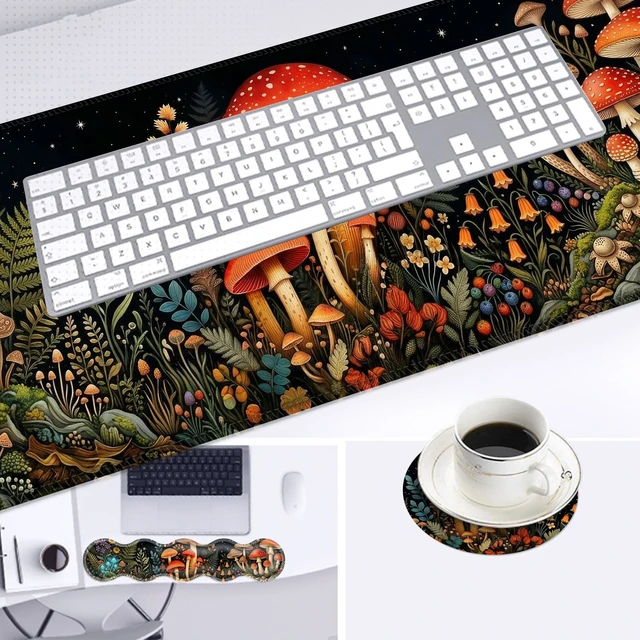 Alt view image 4 of 7 - KJFHDJFDH Large Mouse Pad and Keyboard Wrist Rest, Desk Pad for Keyboard and Mouse, 4-in-1 Large Gaming Mouse Pad with Wrist Support, Desk Mat for Office & Home-Mushrooms Forest