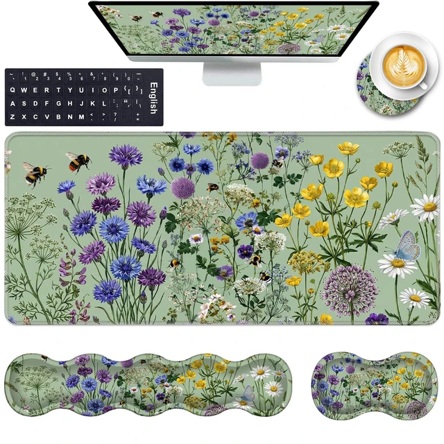 Main image of CICPLKSE Keyboard Wrist Rest and Mouse Pad with Wrist Support Set Ergonomic Coaster,Memory Foam,Easy Typing Pain Relief,Large XL Desk Mat 31.5"x 11.8",Bee Wildflower Meadow