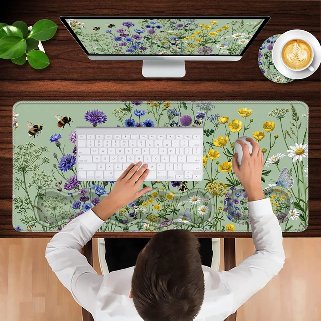 Alt view image 4 of 7 - CICPLKSE Keyboard Wrist Rest and Mouse Pad with Wrist Support Set Ergonomic Coaster,Memory Foam,Easy Typing Pain Relief,Large XL Desk Mat 31.5"x 11.8",Bee Wildflower Meadow