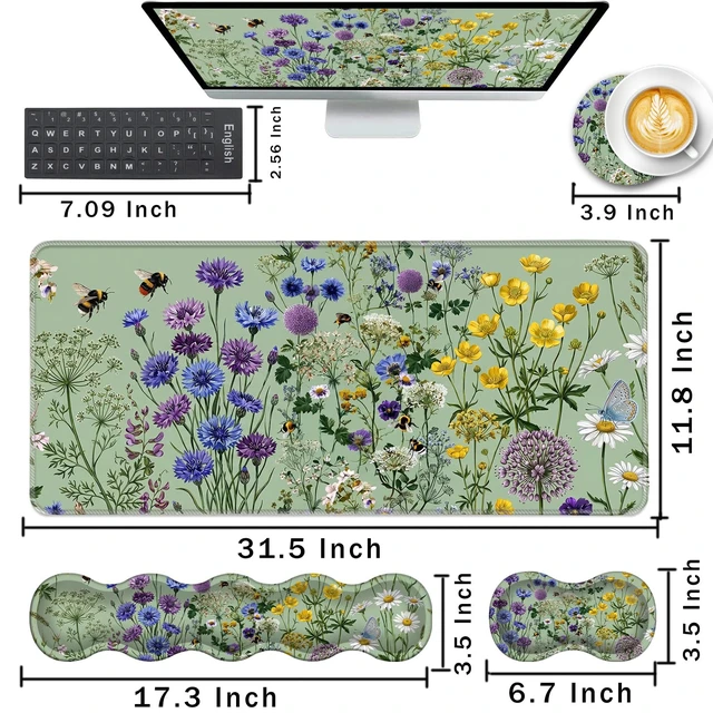 Alt view image 2 of 7 - CICPLKSE Keyboard Wrist Rest and Mouse Pad with Wrist Support Set Ergonomic Coaster,Memory Foam,Easy Typing Pain Relief,Large XL Desk Mat 31.5"x 11.8",Bee Wildflower Meadow