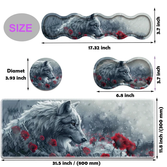 Alt view image 6 of 7 - Large Gaming Mouse Pad, Keyboard Wrist Rest Pad + Mouse Wrist Pad + Coaster 4 in 1 Set, Extended Waterproof Non-Slip Desk Mat, Suitable for Office Home Learning Games, Wolf and Rose