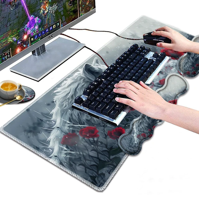 Alt view image 4 of 7 - Large Gaming Mouse Pad, Keyboard Wrist Rest Pad + Mouse Wrist Pad + Coaster 4 in 1 Set, Extended Waterproof Non-Slip Desk Mat, Suitable for Office Home Learning Games, Wolf and Rose