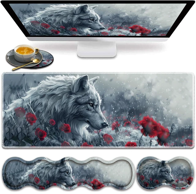 Main image of Large Gaming Mouse Pad, Keyboard Wrist Rest Pad + Mouse Wrist Pad + Coaster 4 in 1 Set, Extended Waterproof Non-Slip Desk Mat, Suitable for Office Home Learning Games, Wolf and Rose