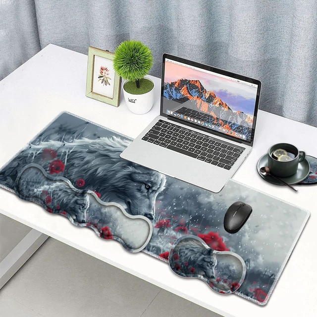 Alt view image 2 of 7 - Large Gaming Mouse Pad, Keyboard Wrist Rest Pad + Mouse Wrist Pad + Coaster 4 in 1 Set, Extended Waterproof Non-Slip Desk Mat, Suitable for Office Home Learning Games, Wolf and Rose