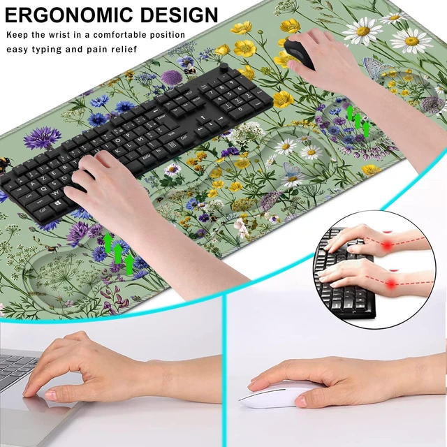 Alt view image 6 of 7 - CICPLKSE Keyboard Wrist Rest and Mouse Pad with Wrist Support Set Ergonomic Coaster,Memory Foam,Easy Typing Pain Relief,Large XL Desk Mat 31.5"x 11.8",Bee Wildflower Meadow