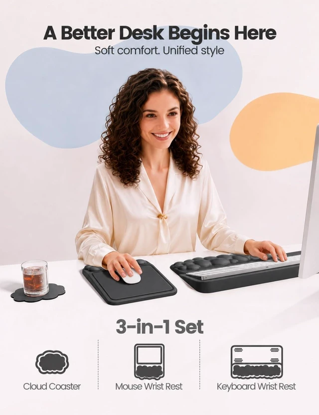 Alt view image 2 of 7 - Vaydeer Keyboard Riser and Mouse Pad with Wrist Rest Set, Coaster Included | Cloud Memory Foam Keyboard and Mouse Wrist Support for Desk Typing, Office, Home and Gaming, Black