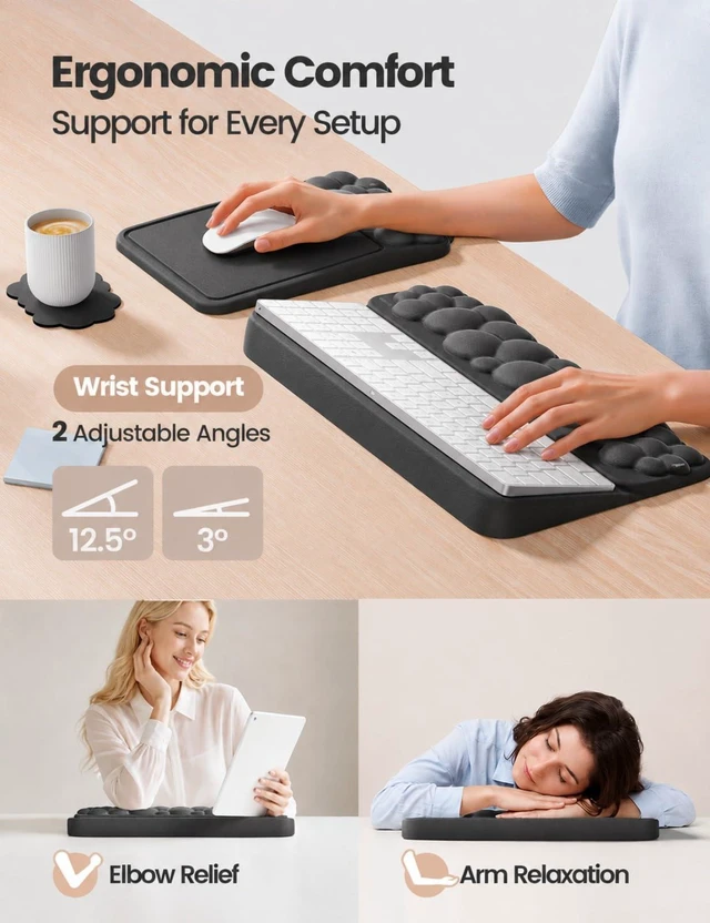 Alt view image 6 of 7 - Vaydeer Keyboard Riser and Mouse Pad with Wrist Rest Set, Coaster Included | Cloud Memory Foam Keyboard and Mouse Wrist Support for Desk Typing, Office, Home and Gaming, Black