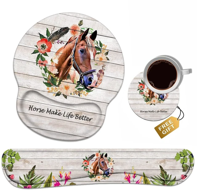 Main image of Keyboard Wrist Rest + Mouse Pad Wrist Support Set with Coasters, Non-Slip PU Base Ergonomic Mousepad for Home Office Working Studying Easy Typing & Pain Relief, Horse Theme, Horses Make Life Better