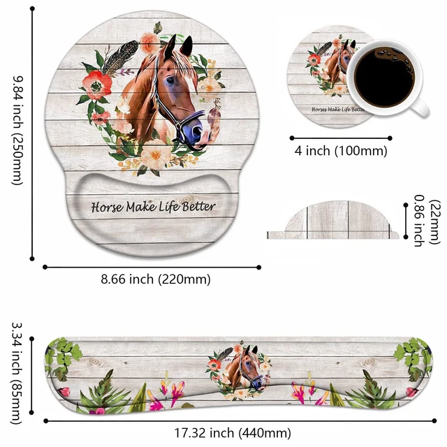 Alt view image 2 of 7 - Keyboard Wrist Rest + Mouse Pad Wrist Support Set with Coasters, Non-Slip PU Base Ergonomic Mousepad for Home Office Working Studying Easy Typing & Pain Relief, Horse Theme, Horses Make Life Better