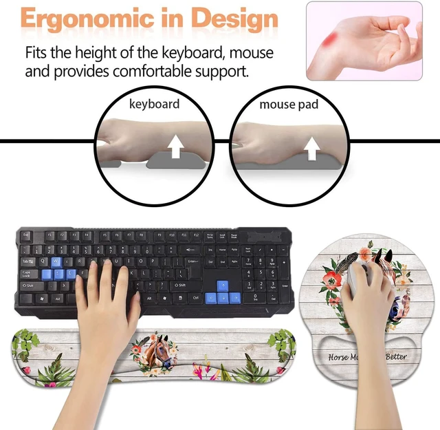 Alt view image 3 of 7 - Keyboard Wrist Rest + Mouse Pad Wrist Support Set with Coasters, Non-Slip PU Base Ergonomic Mousepad for Home Office Working Studying Easy Typing & Pain Relief, Horse Theme, Horses Make Life Better