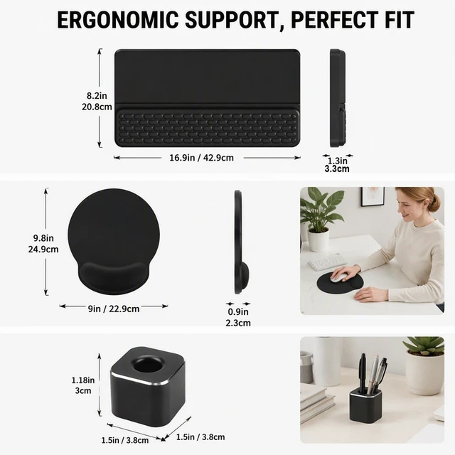 Alt view image 2 of 7 - Home Office Desk Accessories - Keyboard Wrist Pad - Mouse Pad - Pen Holder | Includes Keyboard Palm Support - Smooth Tracking Surface For Mouse Device - Sturdy Metal Cup For Writing Tools
