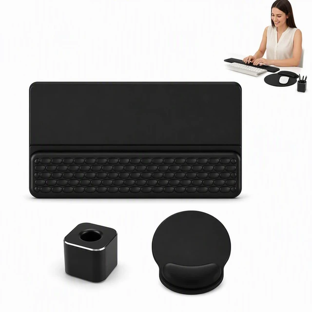 Main image of Home Office Desk Accessories - Keyboard Wrist Pad - Mouse Pad - Pen Holder | Includes Keyboard Palm Support - Smooth Tracking Surface For Mouse Device - Sturdy Metal Cup For Writing Tools
