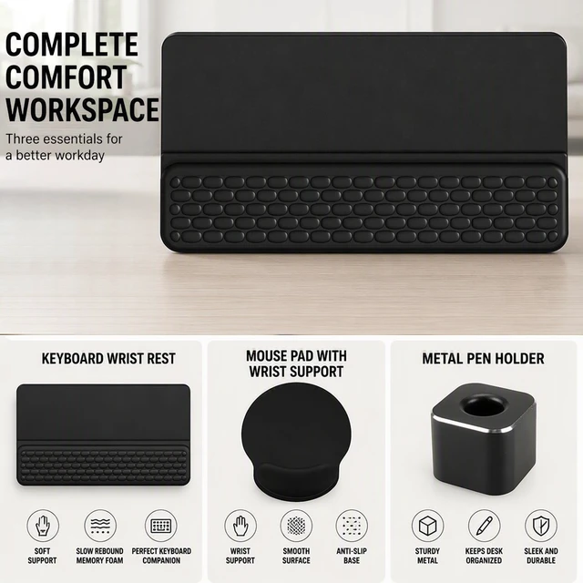 Alt view image 3 of 7 - Home Office Desk Accessories - Keyboard Wrist Pad - Mouse Pad - Pen Holder | Includes Keyboard Palm Support - Smooth Tracking Surface For Mouse Device - Sturdy Metal Cup For Writing Tools