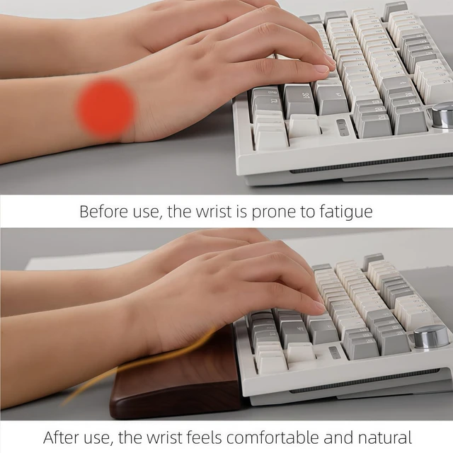 Alt view image 3 of 7 - HUACUESY Walnut Wood Wrist Pad - Ergonomic, Inclined, Anti-Slip, 104-Key | Handcrafted Solid Wood, Ergonomic Grooved/Inclined Design, Silicone/Anti-Slip Base, Compatible with Mouse & Keyboards