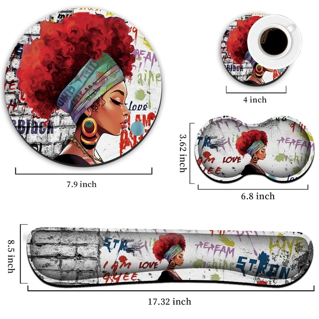 Alt view image 2 of 7 - Keyboard Wrist Rest +White Mouse Pad + Mouse Wrist Rest Support Set+ Coaster, Ergonomic Memory Foam,4Pcs Keyboard Mouse Pad Set for Computer, Home & Office, African Woman Graffiti Girls