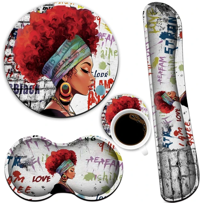 Main image of Keyboard Wrist Rest +White Mouse Pad + Mouse Wrist Rest Support Set+ Coaster, Ergonomic Memory Foam,4Pcs Keyboard Mouse Pad Set for Computer, Home & Office, African Woman Graffiti Girls