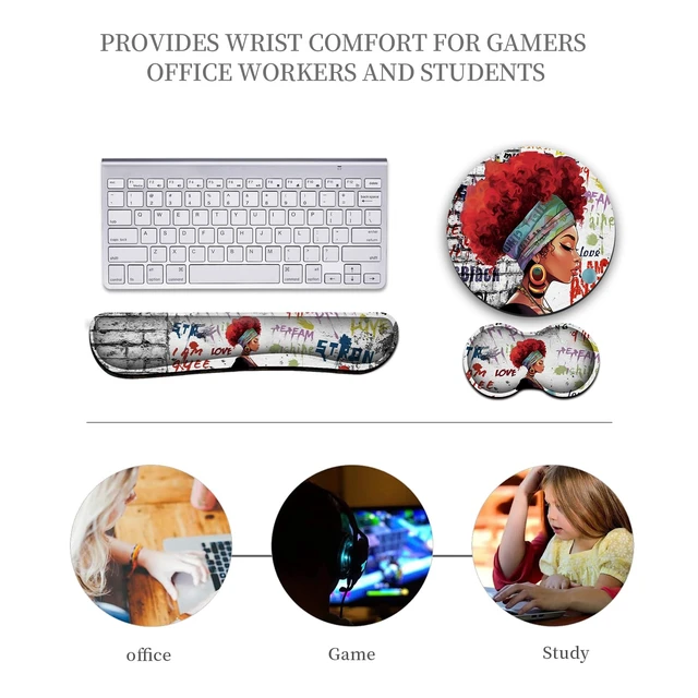 Alt view image 5 of 7 - Keyboard Wrist Rest +White Mouse Pad + Mouse Wrist Rest Support Set+ Coaster, Ergonomic Memory Foam,4Pcs Keyboard Mouse Pad Set for Computer, Home & Office, African Woman Graffiti Girls