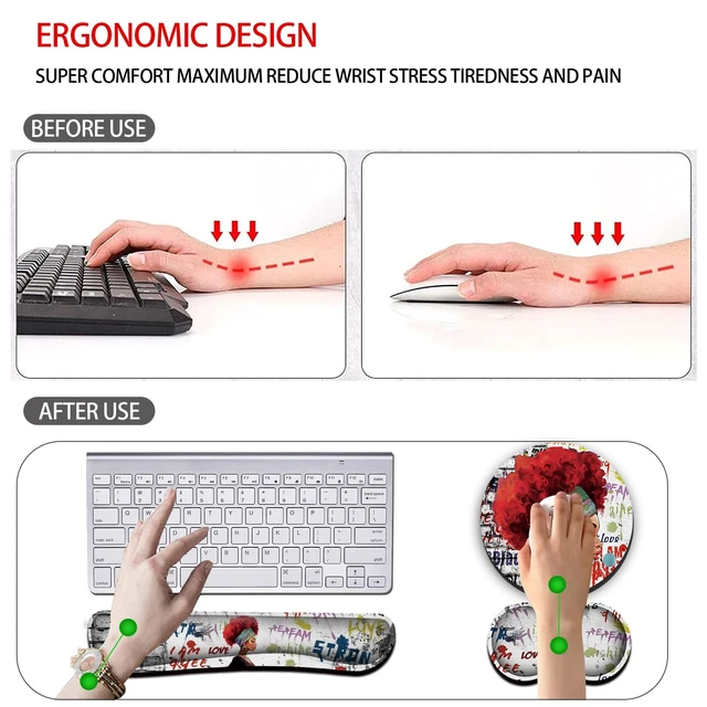 Alt view image 4 of 7 - Keyboard Wrist Rest +White Mouse Pad + Mouse Wrist Rest Support Set+ Coaster, Ergonomic Memory Foam,4Pcs Keyboard Mouse Pad Set for Computer, Home & Office, African Woman Graffiti Girls