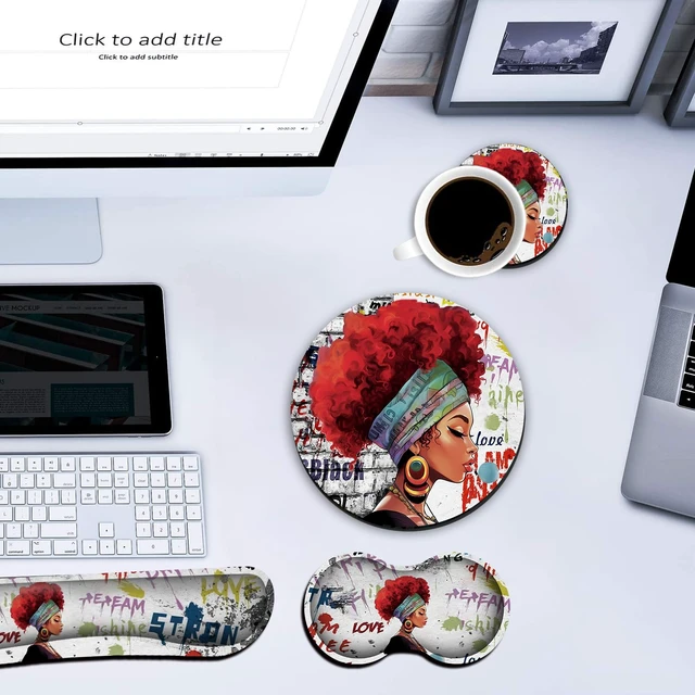 Alt view image 7 of 7 - Keyboard Wrist Rest +White Mouse Pad + Mouse Wrist Rest Support Set+ Coaster, Ergonomic Memory Foam,4Pcs Keyboard Mouse Pad Set for Computer, Home & Office, African Woman Graffiti Girls