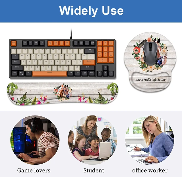 Alt view image 7 of 7 - Keyboard Wrist Rest + Mouse Pad Wrist Support Set with Coasters, Non-Slip PU Base Ergonomic Mousepad for Home Office Working Studying Easy Typing & Pain Relief, Horse Theme, Horses Make Life Better