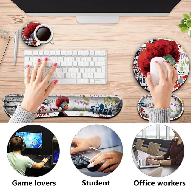 Alt view image 3 of 7 - Keyboard Wrist Rest +White Mouse Pad + Mouse Wrist Rest Support Set+ Coaster, Ergonomic Memory Foam,4Pcs Keyboard Mouse Pad Set for Computer, Home & Office, African Woman Graffiti Girls