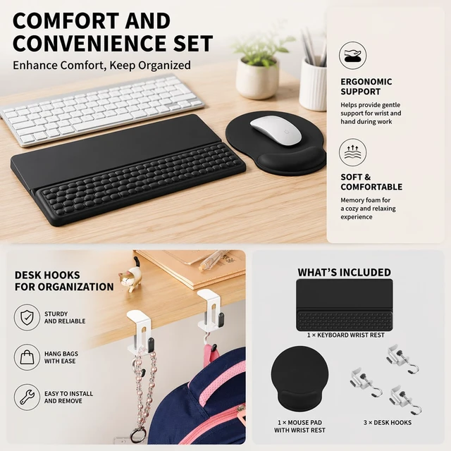 Alt view image 3 of 7 - Office Desk Combo - Keyboard Wrist Rest - Desk Hook Clamp - Mouse Pad | Home office kit with slow rebound memory foam wrist support non slip mouse pad and stainless clamp hook
