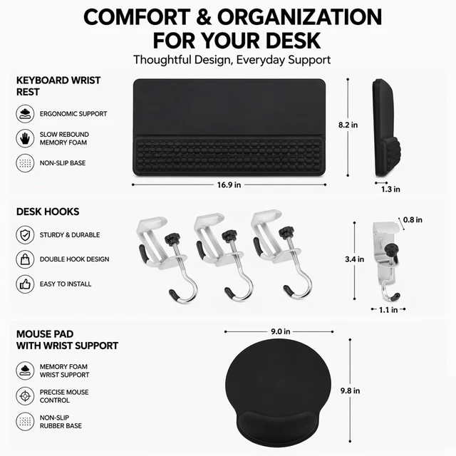 Alt view image 2 of 7 - Office Desk Combo - Keyboard Wrist Rest - Desk Hook Clamp - Mouse Pad | Home office kit with slow rebound memory foam wrist support non slip mouse pad and stainless clamp hook