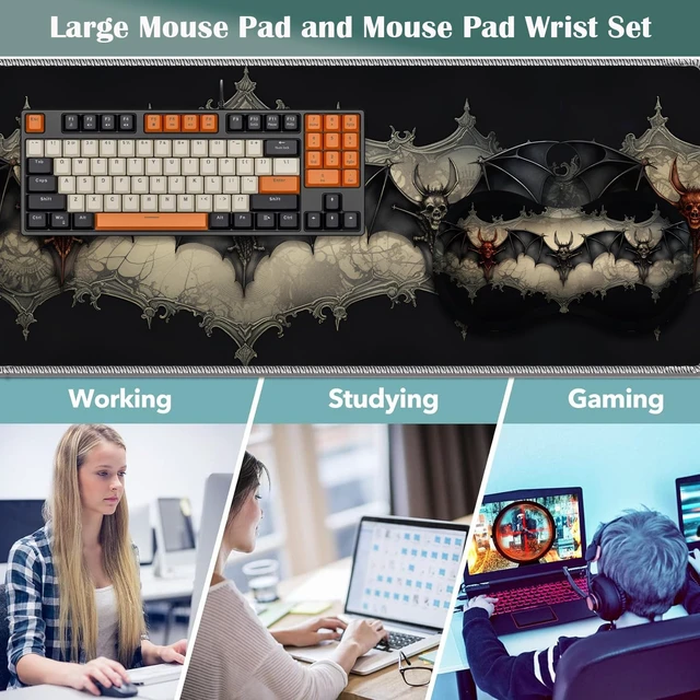 Alt view image 2 of 7 - Large Game Mouse Pad + Wrist Support Pad + Coffee Coaster, Desk Pad with Sewn Edges, Anti-Slip Set pad Suitable for Office Work and Home - Neo Bats