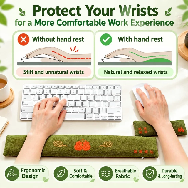 Alt view image 2 of 7 - Keyboard and Mouse Wrist Rest Set,Traditional Chinese Herbal Formula | Pure Natural Filling,Embroidered Design,Natural Herb Scent,Comfortable Cushioning,Washable,Sweat-Resistant Material