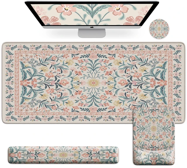Main image of iCasso Mouse Pad with Wrist Rest, Ergonomic Large Desk Mat Set, Pink | Keyboard Pad with Wrist Support, Non-Slip Mouse Mat for Women, Cute Floral Computer Mat for Home Office Gaming