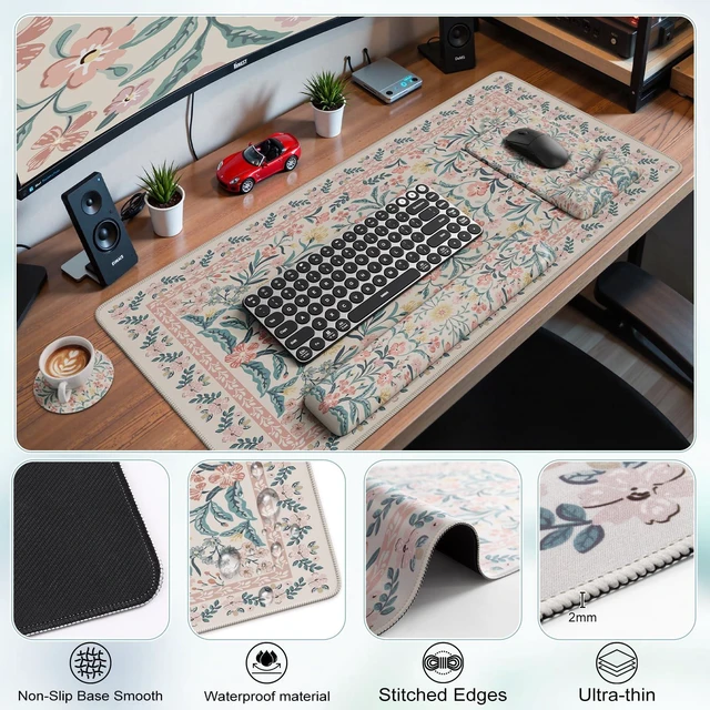 Alt view image 4 of 7 - iCasso Mouse Pad with Wrist Rest, Ergonomic Large Desk Mat Set, Pink | Keyboard Pad with Wrist Support, Non-Slip Mouse Mat for Women, Cute Floral Computer Mat for Home Office Gaming