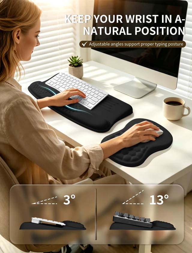 Alt view image 2 of 7 - Ergonomic Keyboard Stand and Mouse Pad Set, Adjustable 3°/13° Keyboard Riser with Wrist Rest, 8° Massage Mouse Pad, Memory Foam Wrist Support, Non-Slip PU Base for Office & Gaming, Black