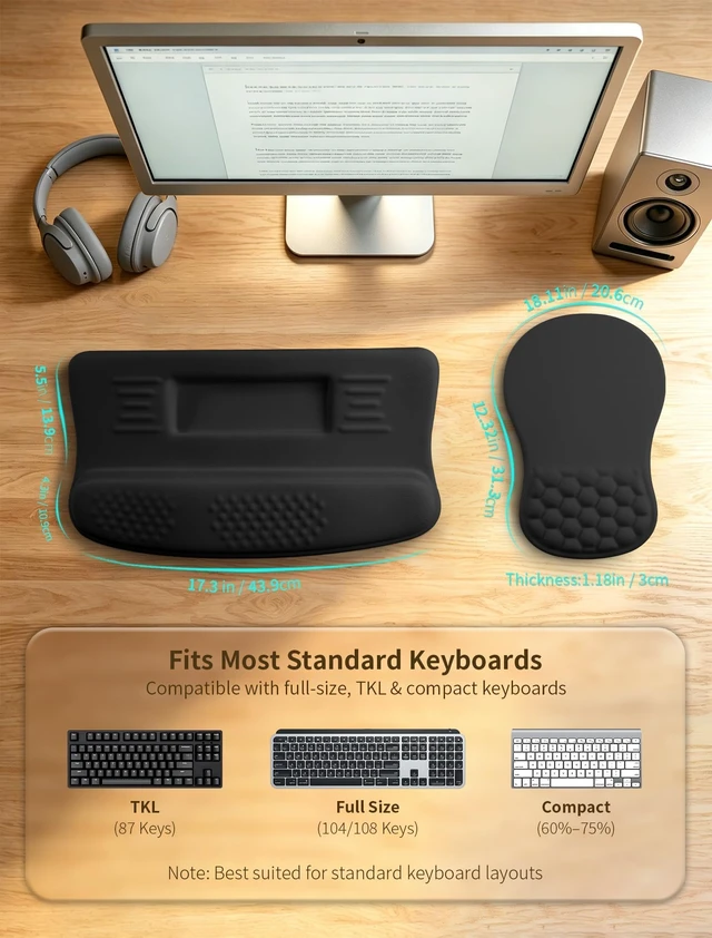 Alt view image 4 of 7 - Ergonomic Keyboard Stand and Mouse Pad Set, Adjustable 3°/13° Keyboard Riser with Wrist Rest, 8° Massage Mouse Pad, Memory Foam Wrist Support, Non-Slip PU Base for Office & Gaming, Black