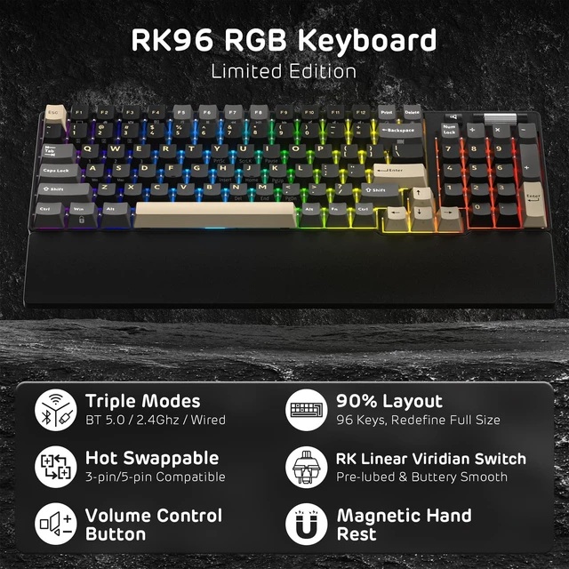 Alt view image 2 of 7 - RK ROYAL KLUDGE RK96 RGB Wireless Mechanical Gaming Keyboard w/Wrist Rest | 90% 96 Keys Hot Swappable Mechanical Keyboard, 3-Mode BT5.0/2.4G/USB-C, Volume Control, Software Support & Massive Battery