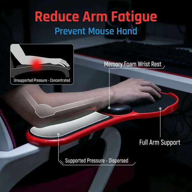 Alt view image 3 of 6 - Pxoerzy Ergonomic Adjustable Chair Arm Rest Mouse Pad with Wrist Cushion,Mouse Extension Platform Tray with Anti-Fall Baffle, Chair Attachment Arm Support with Straps (Red)