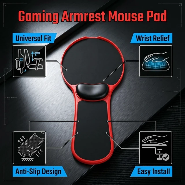 Alt view image 4 of 6 - Pxoerzy Ergonomic Adjustable Chair Arm Rest Mouse Pad with Wrist Cushion,Mouse Extension Platform Tray with Anti-Fall Baffle, Chair Attachment Arm Support with Straps (Red)