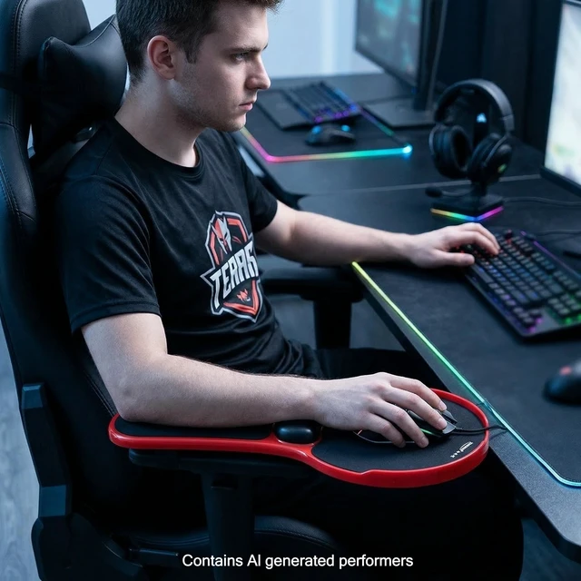 Alt view image 2 of 6 - Pxoerzy Ergonomic Adjustable Chair Arm Rest Mouse Pad with Wrist Cushion,Mouse Extension Platform Tray with Anti-Fall Baffle, Chair Attachment Arm Support with Straps (Red)