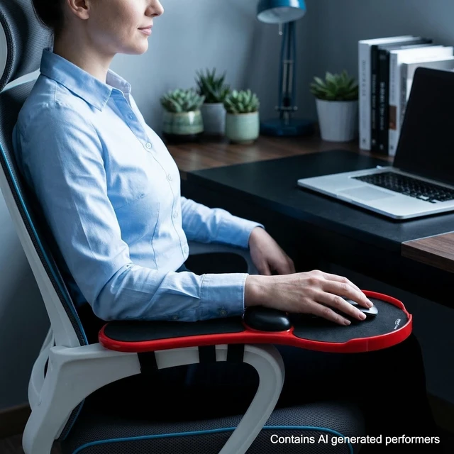 Alt view image 6 of 6 - Pxoerzy Ergonomic Adjustable Chair Arm Rest Mouse Pad with Wrist Cushion,Mouse Extension Platform Tray with Anti-Fall Baffle, Chair Attachment Arm Support with Straps (Red)