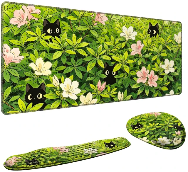 Main image of Desk Mat Set with Wrist Rest, Keyboard Mouse Wrist Support Cats in Foliage | Desk Accessories Including Large Desk Pad, Keyboard Wrist Rest and Mouse Wrist Rest for Computer Office Setup