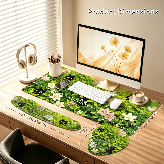 Alt view image 4 of 7 - Desk Mat Set with Wrist Rest, Keyboard Mouse Wrist Support Cats in Foliage | Desk Accessories Including Large Desk Pad, Keyboard Wrist Rest and Mouse Wrist Rest for Computer Office Setup