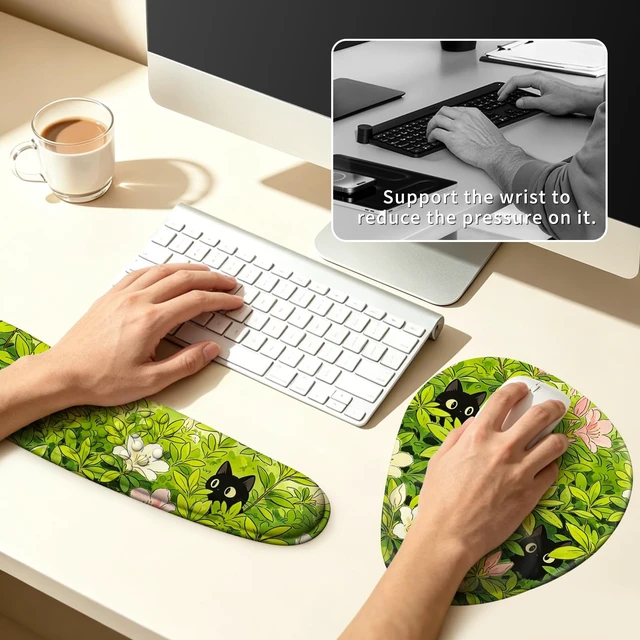 Alt view image 5 of 7 - Desk Mat Set with Wrist Rest, Keyboard Mouse Wrist Support Cats in Foliage | Desk Accessories Including Large Desk Pad, Keyboard Wrist Rest and Mouse Wrist Rest for Computer Office Setup