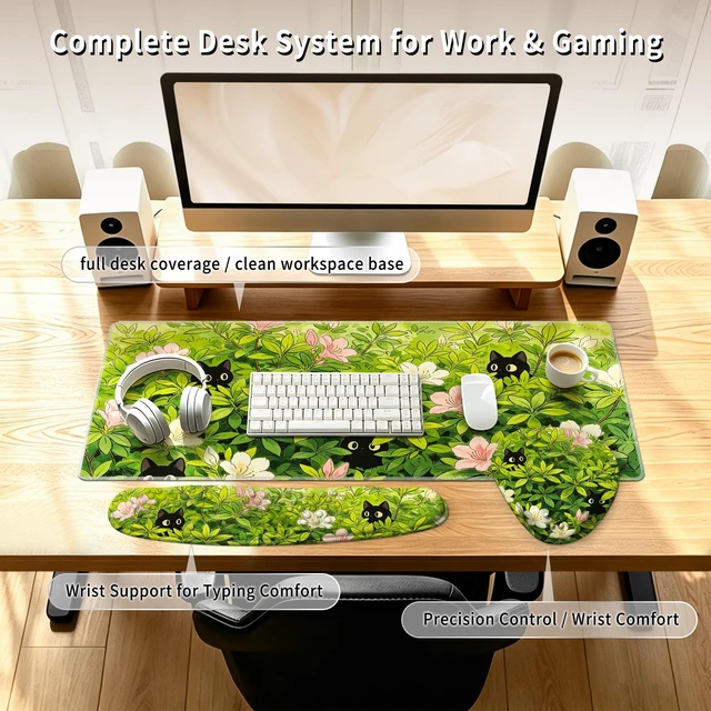 Alt view image 2 of 7 - Desk Mat Set with Wrist Rest, Keyboard Mouse Wrist Support Cats in Foliage | Desk Accessories Including Large Desk Pad, Keyboard Wrist Rest and Mouse Wrist Rest for Computer Office Setup