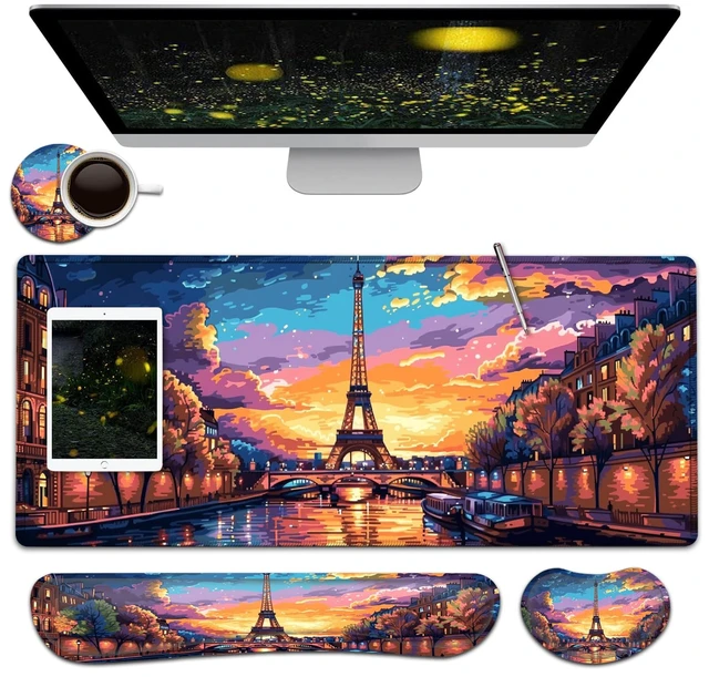 Main image of Large Mouse Pad + Keyboard Wrist Rest Set, Extended Gaming Mousepad (31.5X11.8 inch) with Non-Slip Rubber, Ergonomics Memory Foam Mouse Wrist Rest Support, Eiffel Tower in Oil XXL Desk Pad