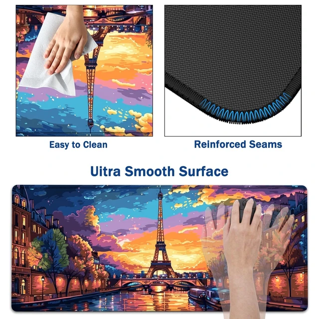 Alt view image 3 of 7 - Large Mouse Pad + Keyboard Wrist Rest Set, Extended Gaming Mousepad (31.5X11.8 inch) with Non-Slip Rubber, Ergonomics Memory Foam Mouse Wrist Rest Support, Eiffel Tower in Oil XXL Desk Pad