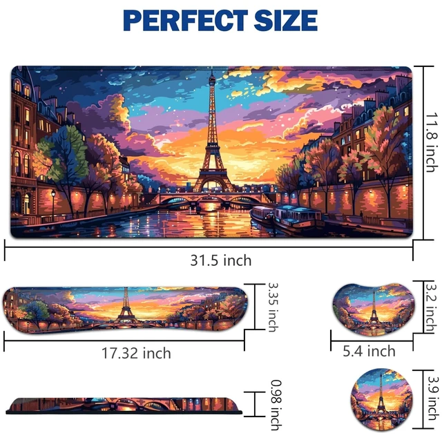Alt view image 2 of 7 - Large Mouse Pad + Keyboard Wrist Rest Set, Extended Gaming Mousepad (31.5X11.8 inch) with Non-Slip Rubber, Ergonomics Memory Foam Mouse Wrist Rest Support, Eiffel Tower in Oil XXL Desk Pad