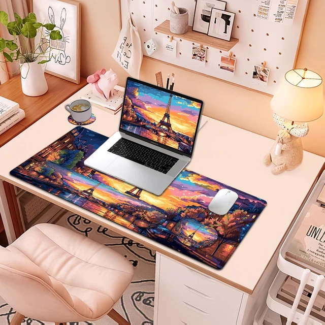 Alt view image 7 of 7 - Large Mouse Pad + Keyboard Wrist Rest Set, Extended Gaming Mousepad (31.5X11.8 inch) with Non-Slip Rubber, Ergonomics Memory Foam Mouse Wrist Rest Support, Eiffel Tower in Oil XXL Desk Pad