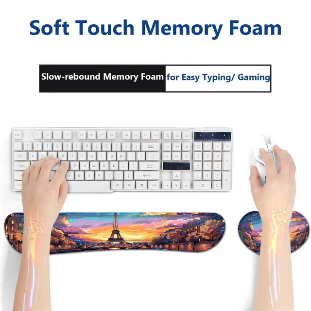 Alt view image 6 of 7 - Large Mouse Pad + Keyboard Wrist Rest Set, Extended Gaming Mousepad (31.5X11.8 inch) with Non-Slip Rubber, Ergonomics Memory Foam Mouse Wrist Rest Support, Eiffel Tower in Oil XXL Desk Pad